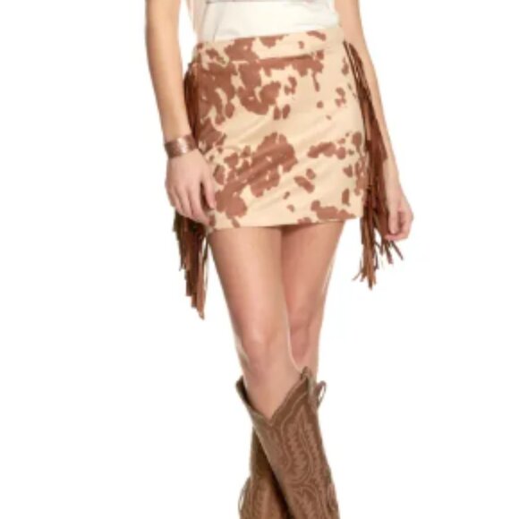 Fashion Express Dresses & Skirts - Cow Print Mini Skirt Fringe Western Cowboy Carter Beyonce Cowgirl Tan Medium